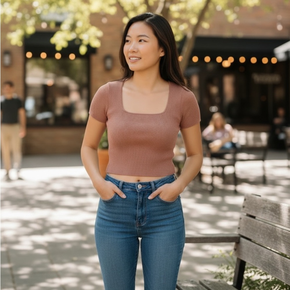Abercrombie & Fitch‎ Ribbed Square Neck Crop Top Tan Short Sleeve Small